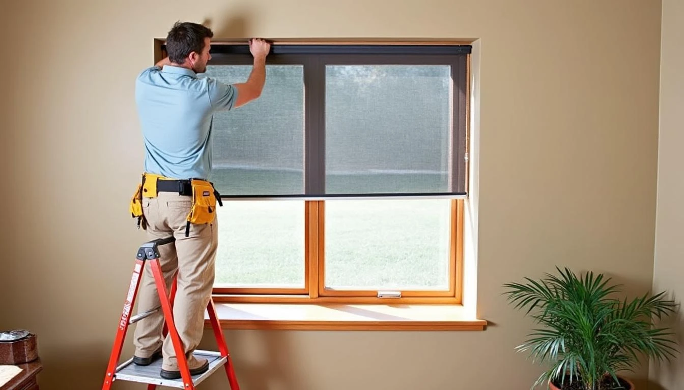 technicien qui pose une moustiquaire sur mesure sur une fenêtre